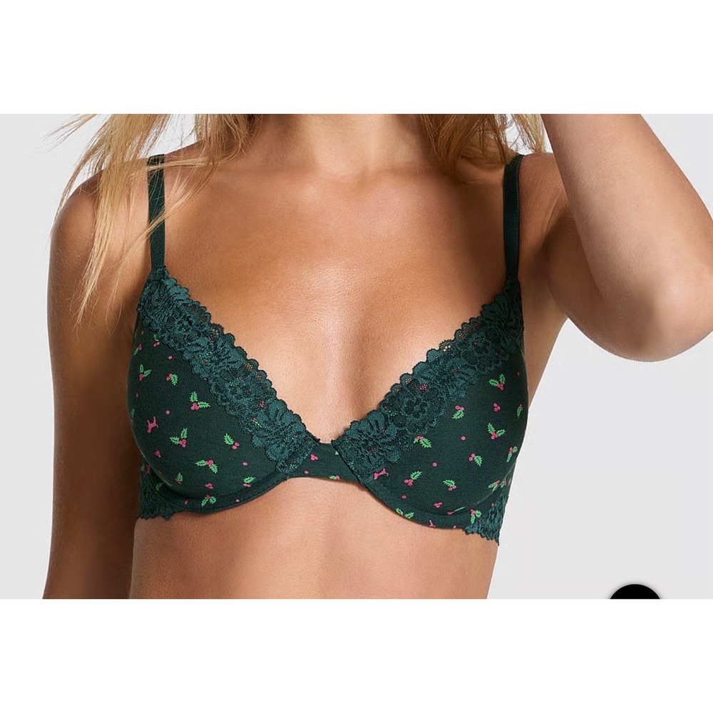 Victoria's Secret PINK Wear Everywhere Push-Up Bra 36B Green Holly Dog Print